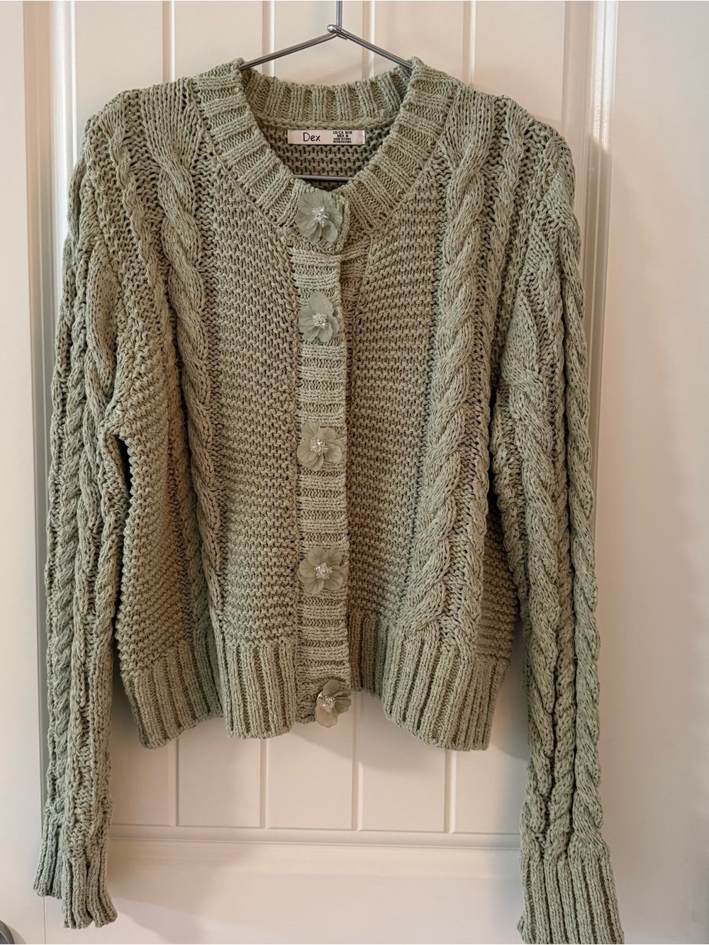 Dex Mint Cable Knit Cardigan with Floral Buttons